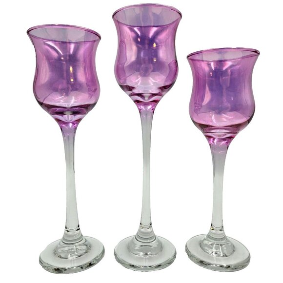 Purple Royal Lustre Trio Vintage PartyLite Candle Holder Glass Set Of 3 Read - Picture 1 of 8